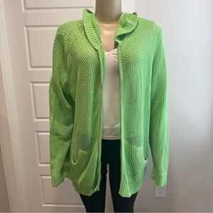 Quaker Factory  3X Lime Green Open-Knit Zip Cardigan Sweater Jacket Sequins Hood
